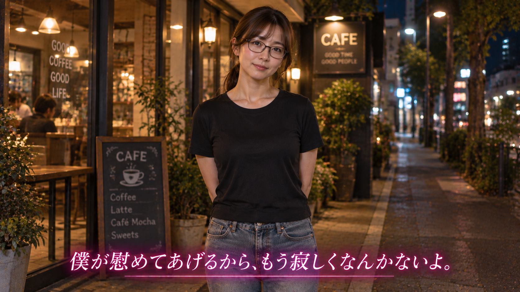 喫茶店の前にたたずむ地味な感じの女性