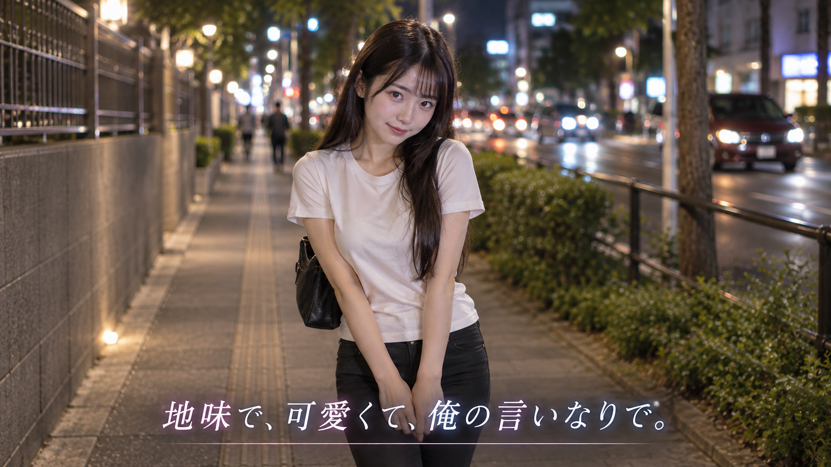 夜道で不安そうな様子の若い女性