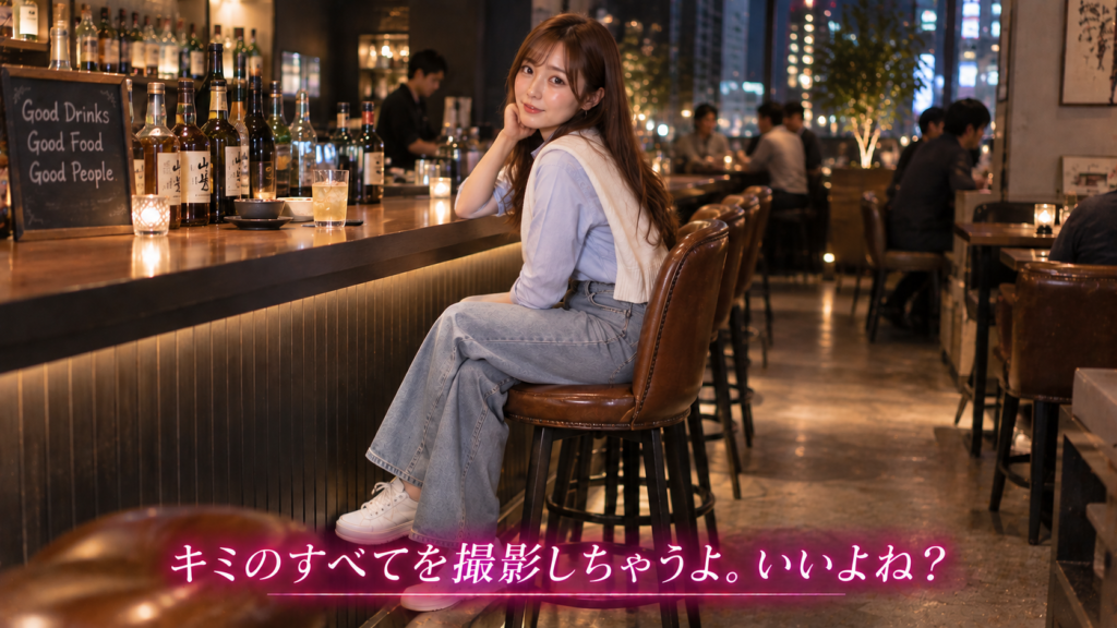 洒落た飲み屋でこちらに振り向く美女