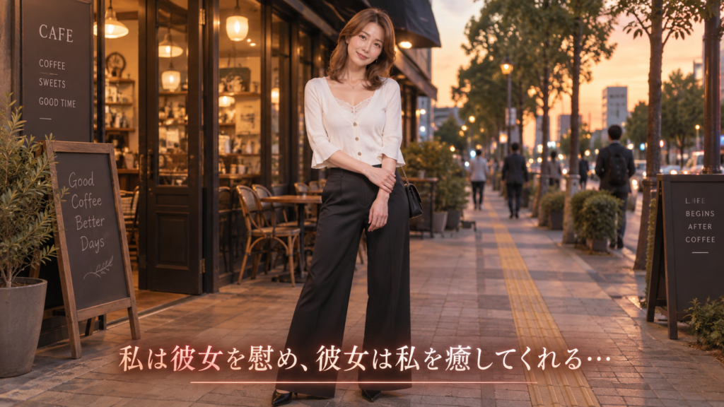 夕方の喫茶店の前に佇む中年女性