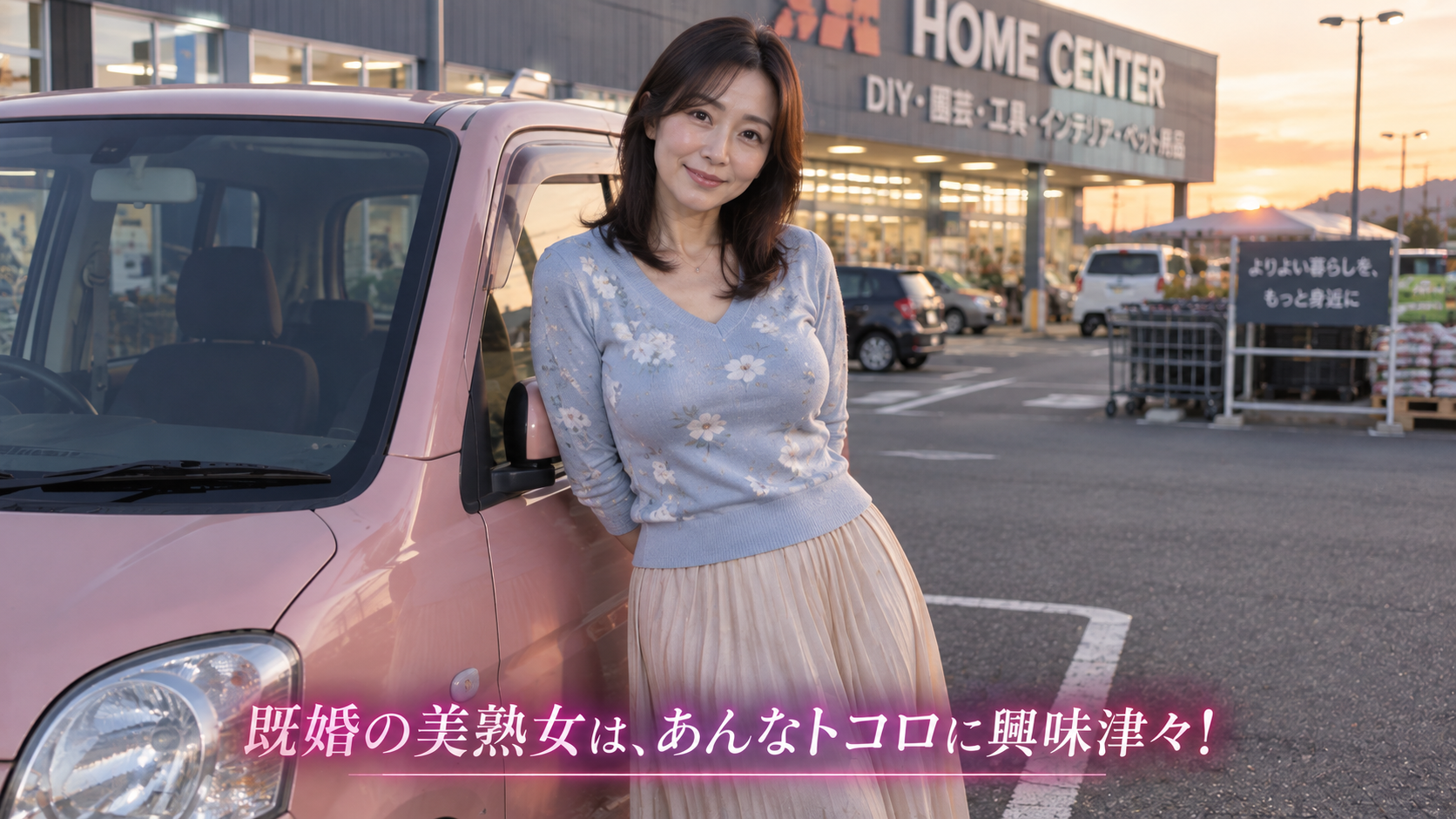 駐車場に停めた軽自動車の前で微笑む中年女性