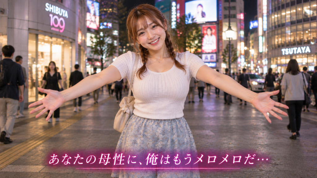 夜の渋谷でニッコリ笑うカワイイ女の子