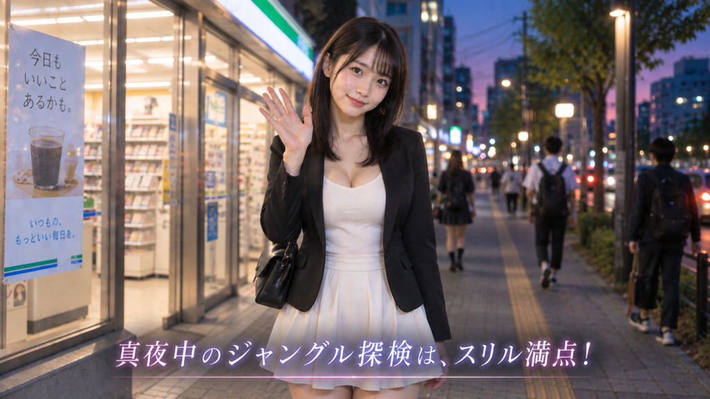 コンビニの前で手を挙げて挨拶する可愛い女性