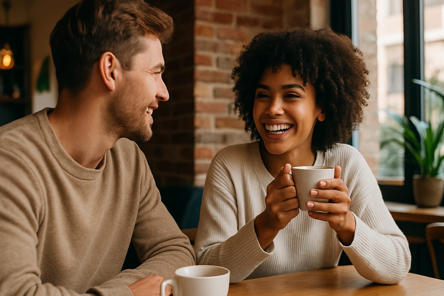 喫茶店で会話を楽しむ外国人カップル