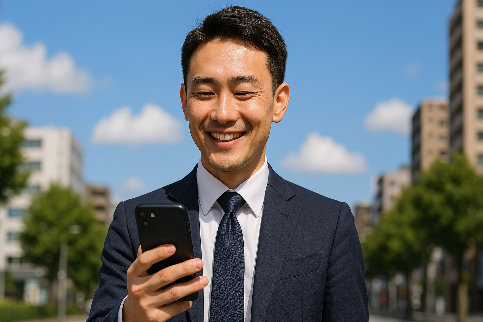スマホ画面を見てニッコリ笑う男性