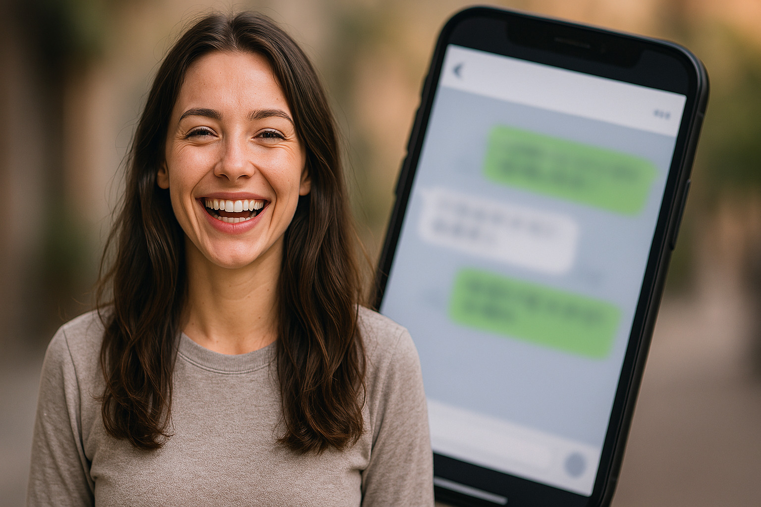 スマホ画面をバックに、ニッコリ微笑む女性