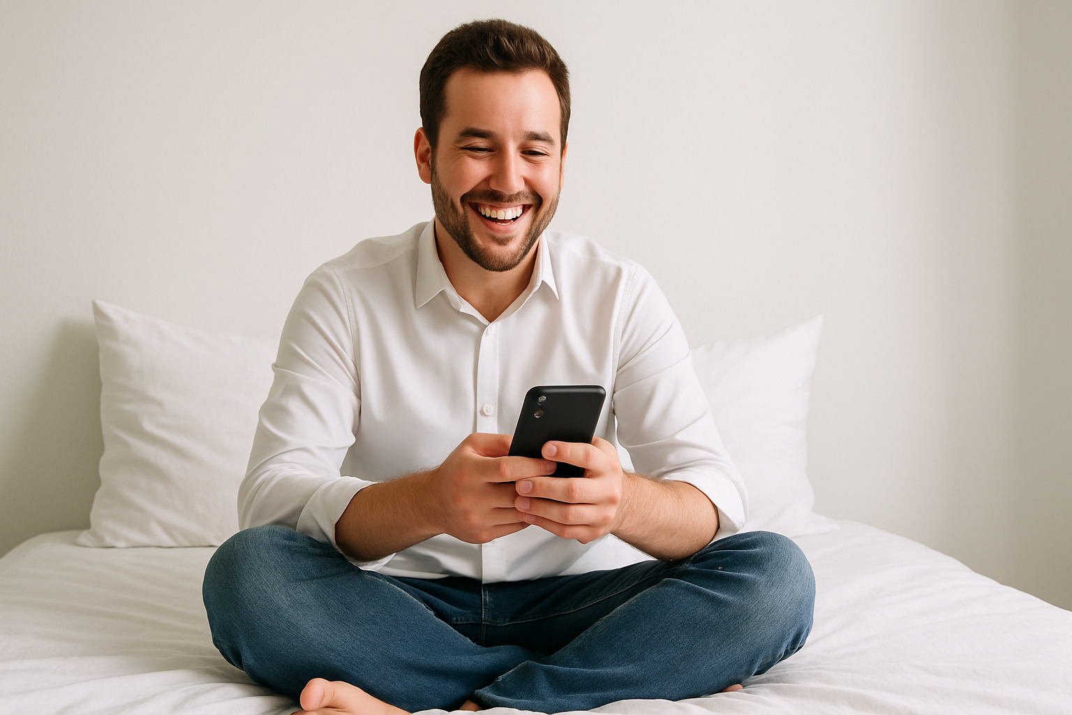 スマホを見て微笑む男性