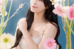 花に囲まれた若い女性