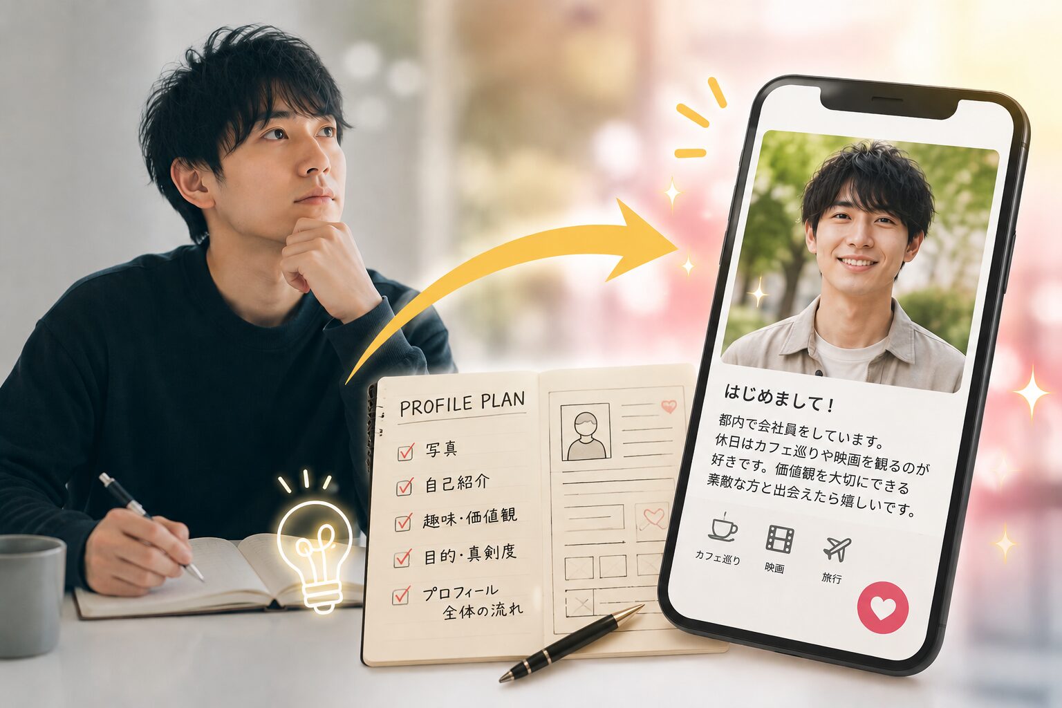プロフィールの作成に悩んでいる男性