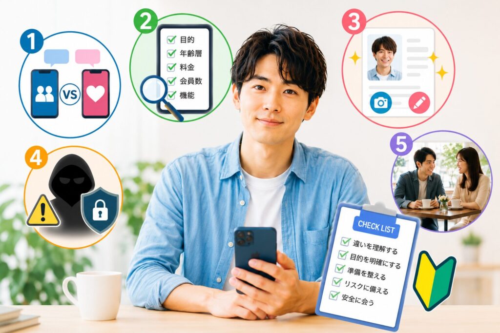 スマホを片手に微笑む男性