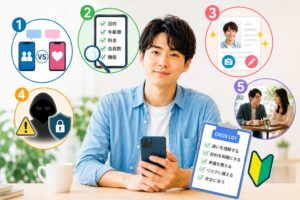 スマホを片手に微笑む男性
