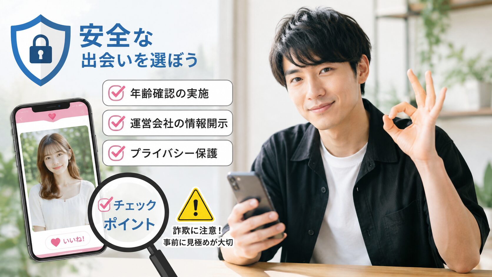 片手にスマホを持ち、もう一方の手でOKサインを出している男性