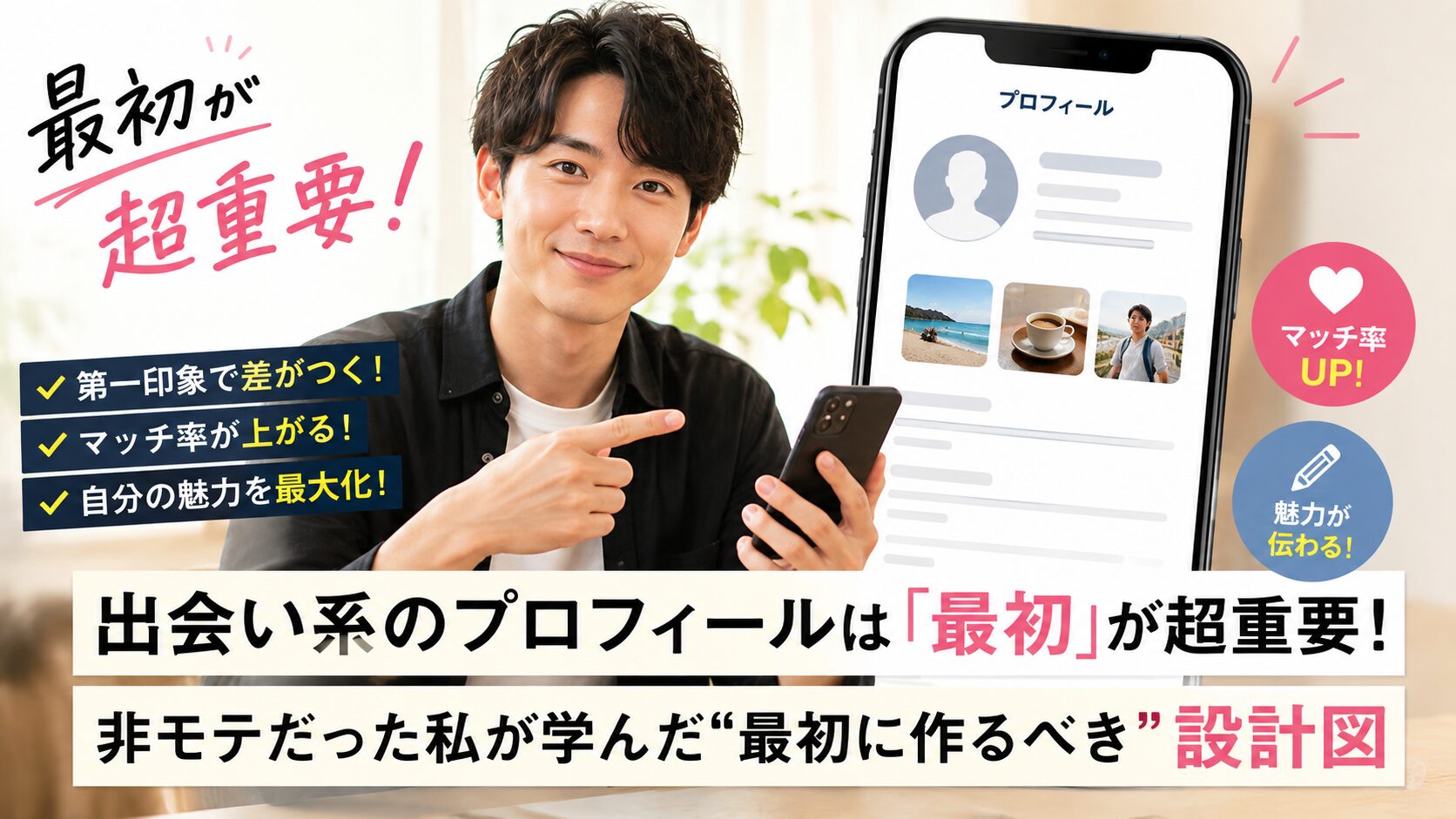 スマホを指さして微笑む男性