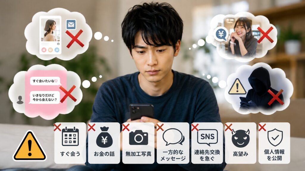 スマホの画面を見ながら悩む男性