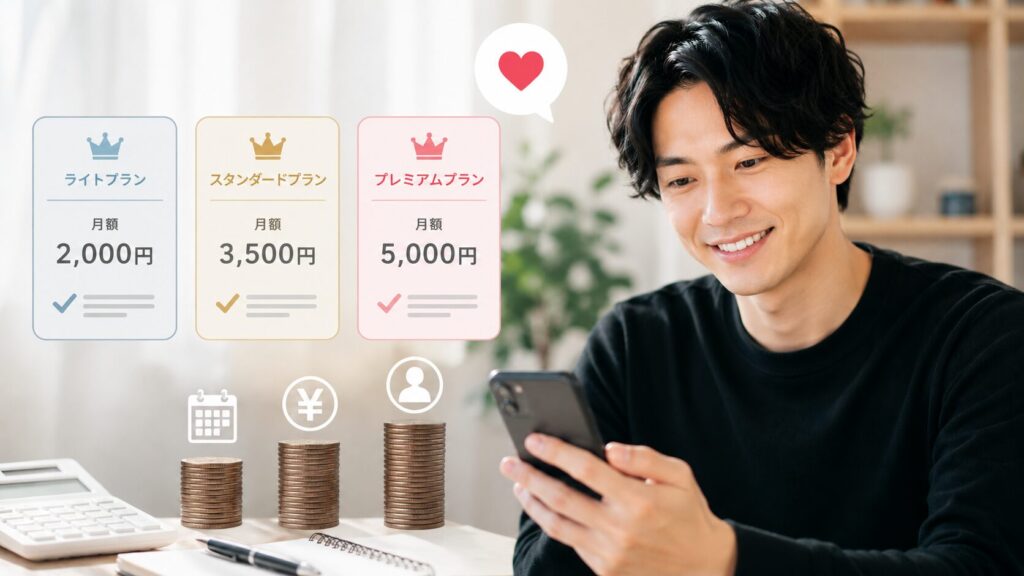 笑顔でスマホをのぞき込む男性