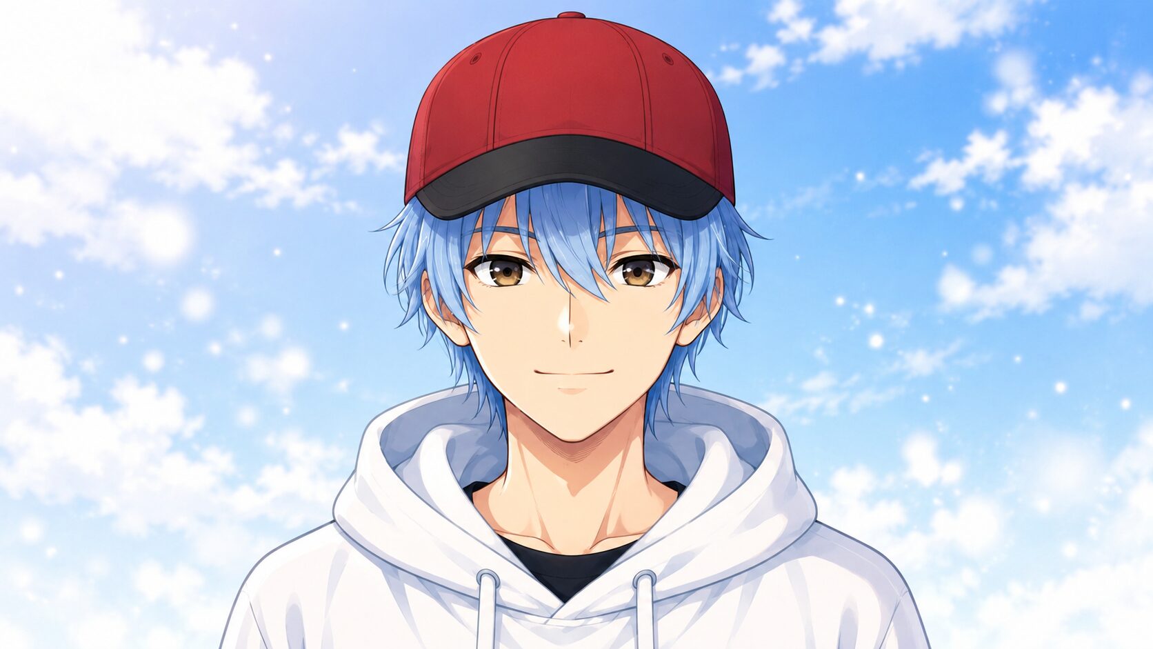 帽子をかぶり、青い髪の毛のカッコイイ男性のイラスト