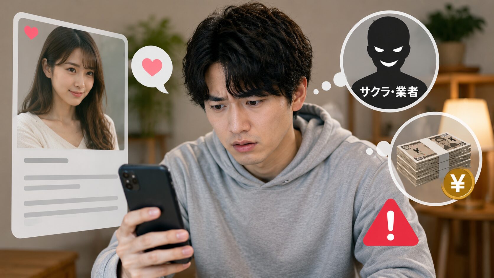 スマホ片手に困った顔をした男性