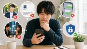 スマホを見ながら考え込む男性
