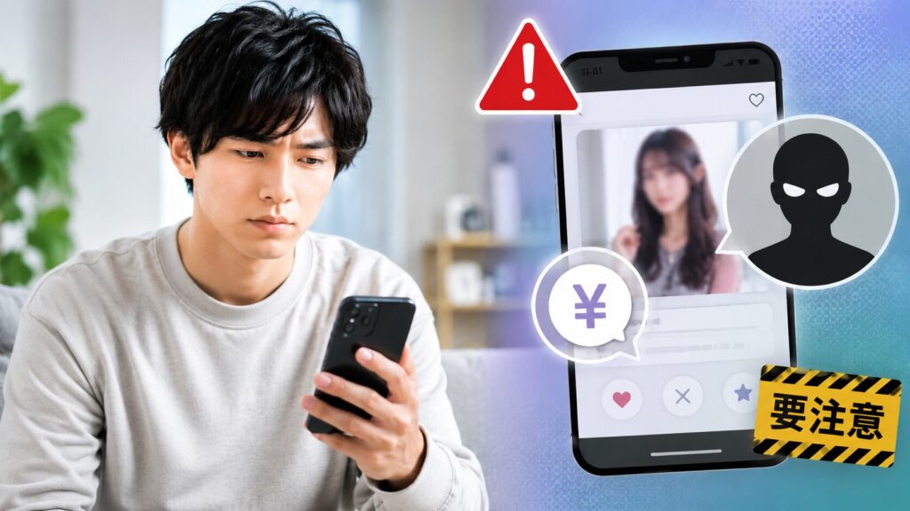 スマホを見つめながら悩む男性