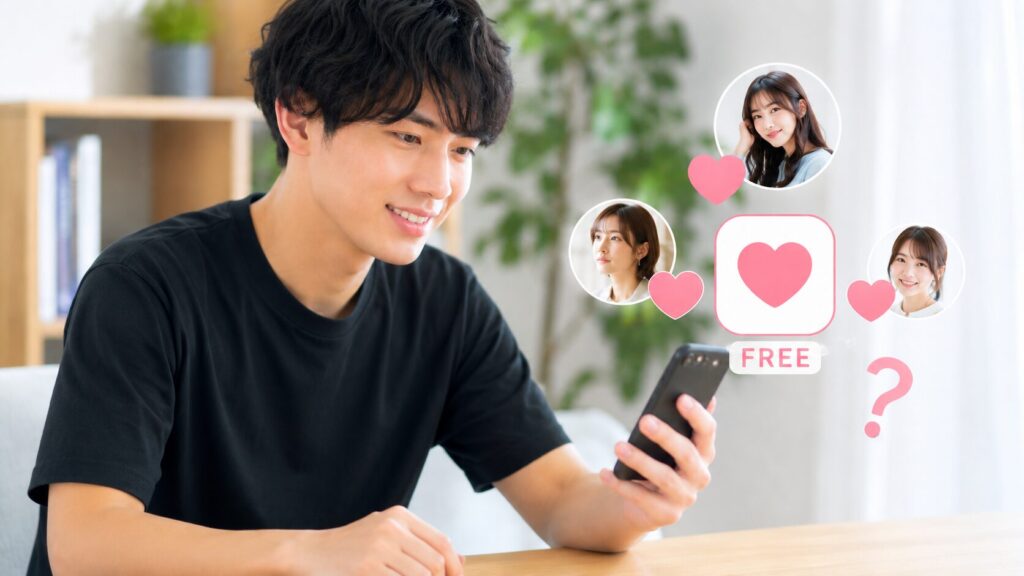 スマホを笑顔でのぞき込む男性