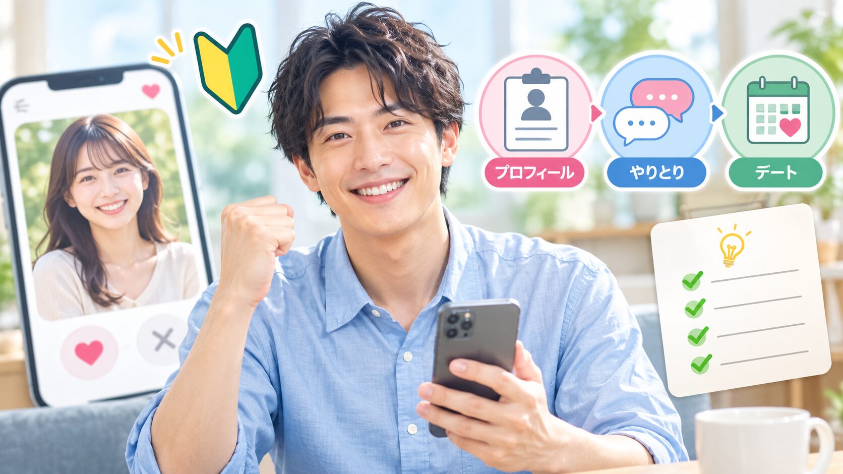 スマホ片手にガッツポーズを決める男性