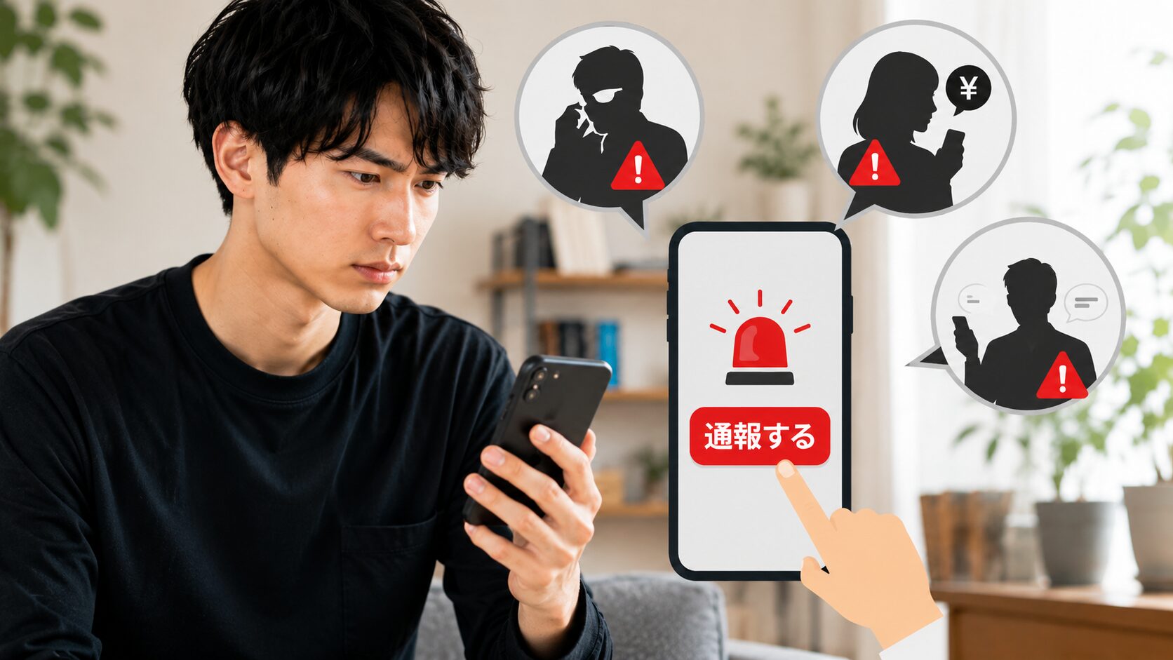 スマホで通報している男性