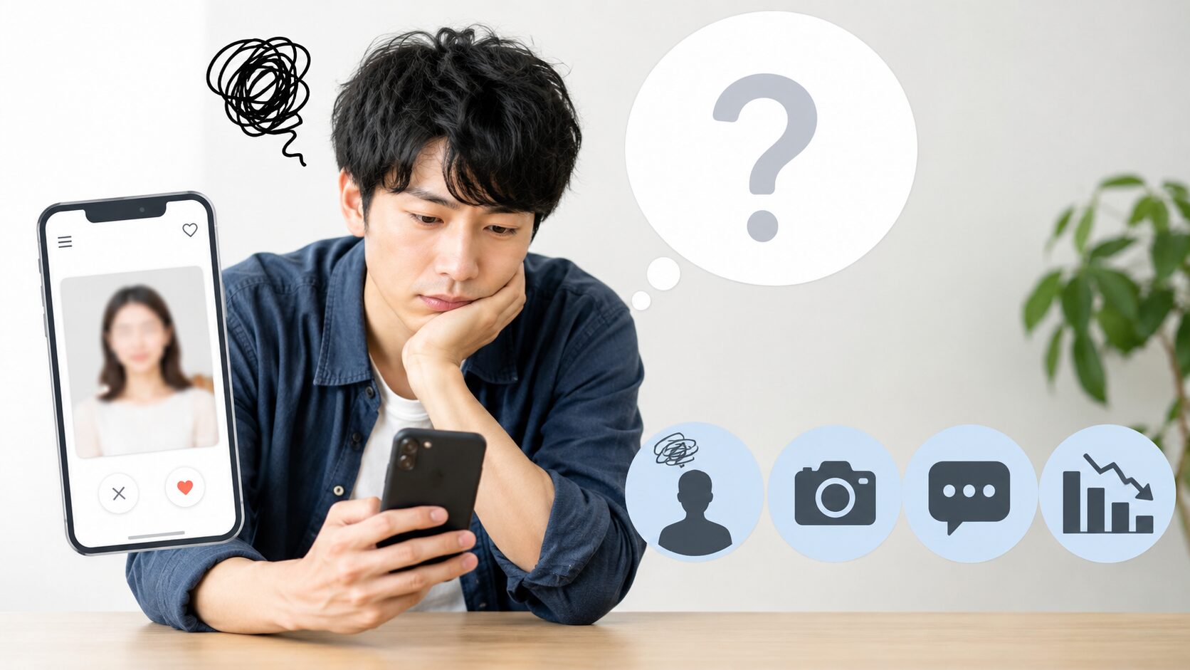 スマホ片手に悩んでいる青年